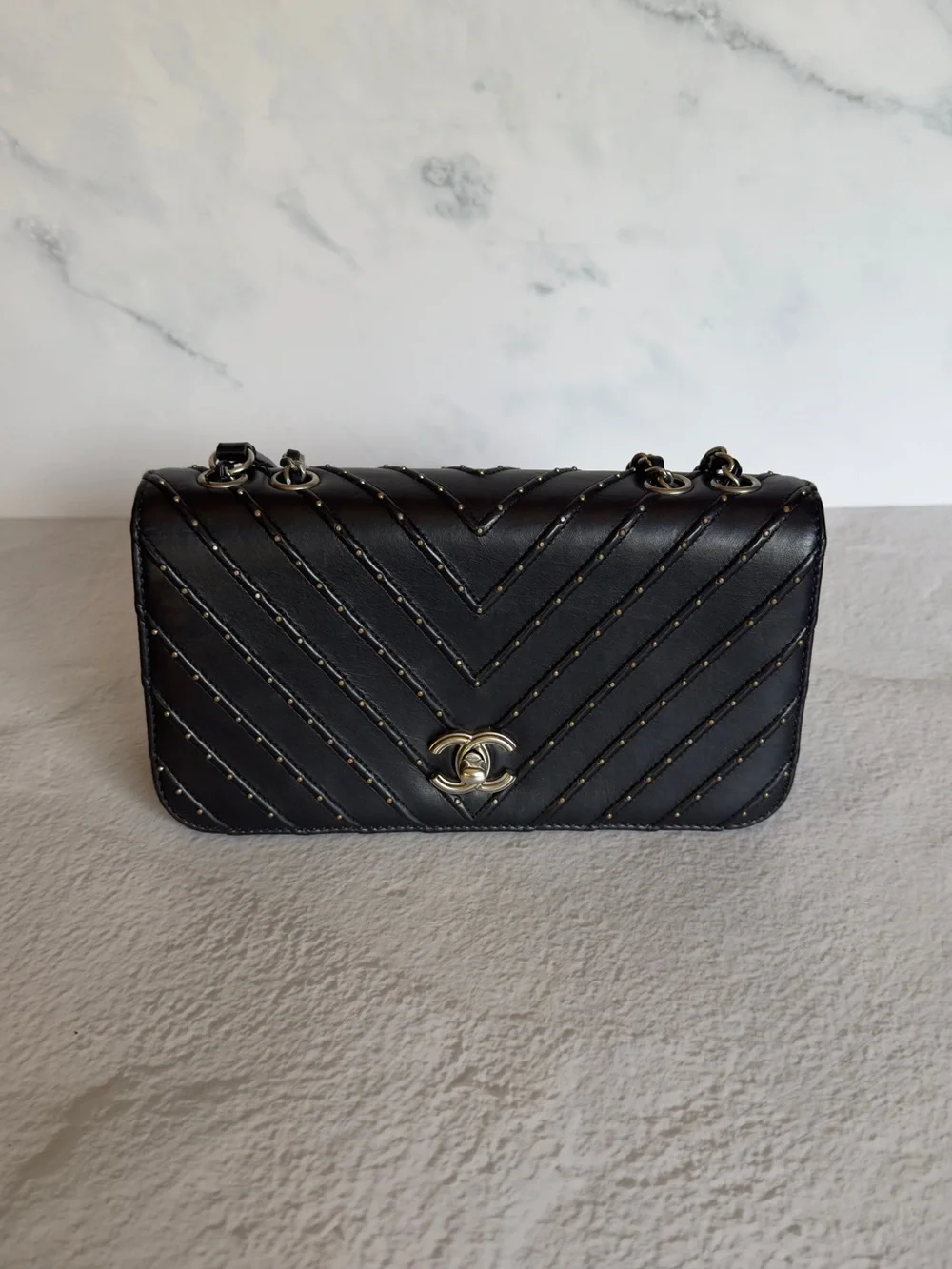 CHANEL Stud Wars Black Chevron Flap Bag Silver HW Rare